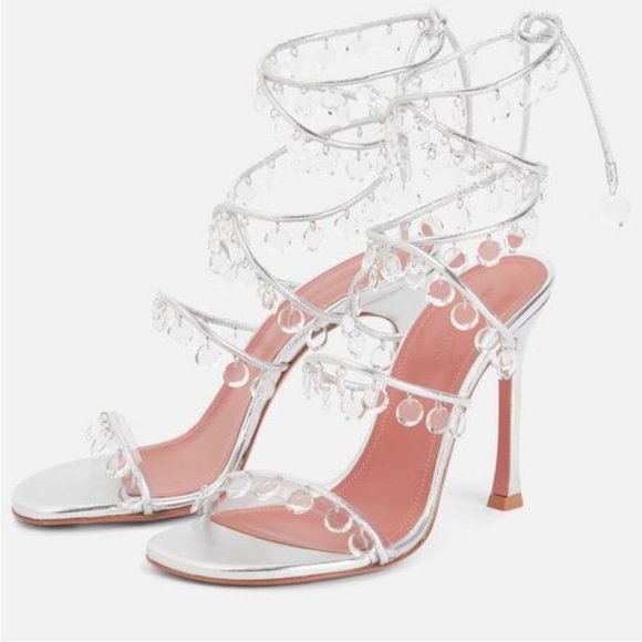 NEW AMINA MUADDI TINA LACEUP 105 SANDAL AM SILVER SS22 heels pumps crystals - Picture 3 of 7